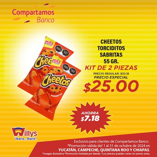 CHEETOS TORCIDITOS SABRITAS 55 GR KIT DE 2 PIEZAS