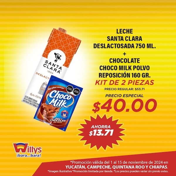 LECHE SANTA CLARA DESLACTOSA 750ML   CHOCOLATE MILK EN POLVO REPOSICIÓN 160 GR.