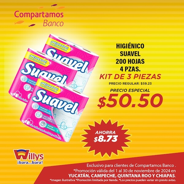 HIGIÉNICO SUAVEL 200 HOJAS 4 PZAS